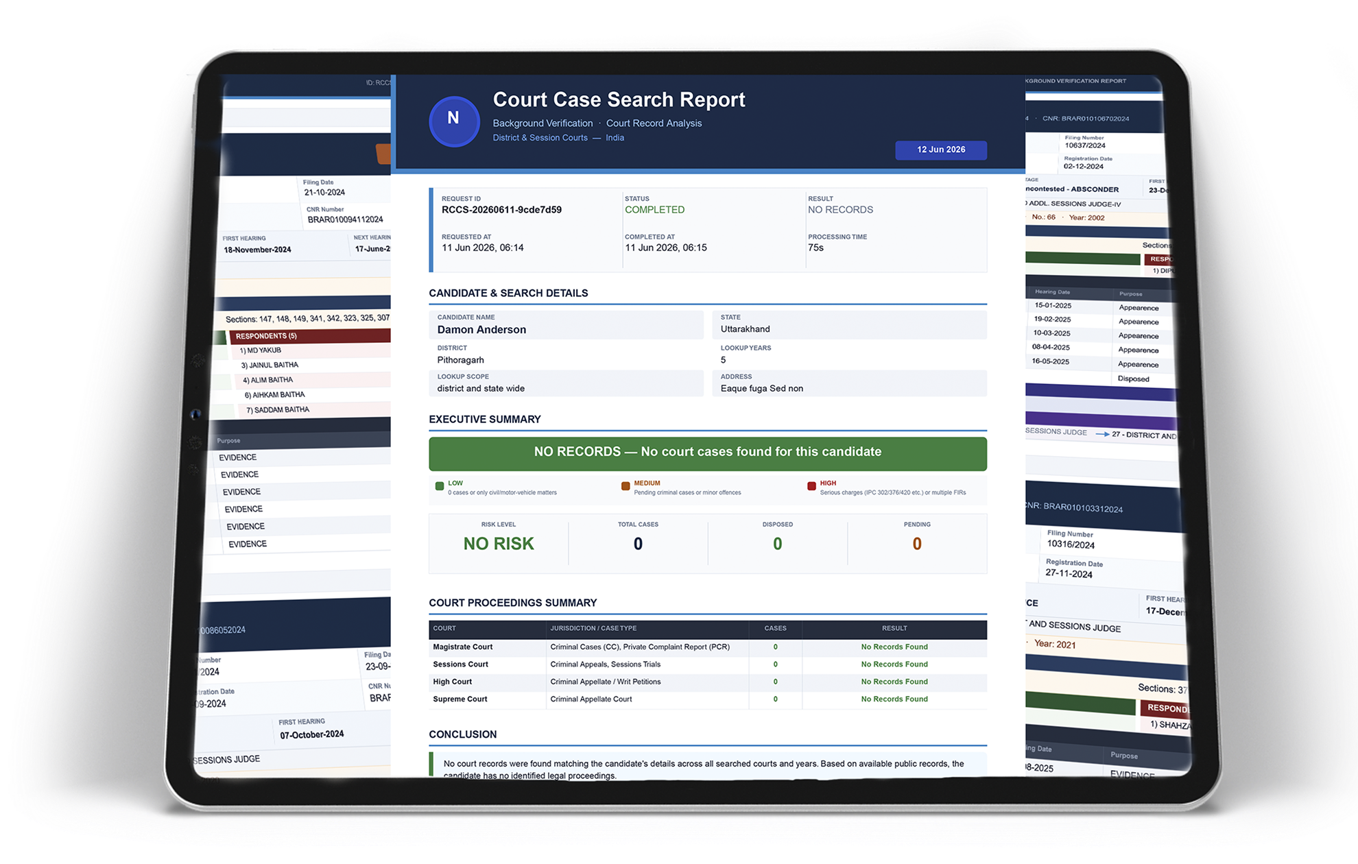 Court Case Search Report on tablet — showing candidate details, NO RECORDS executive summary, risk level NO RISK, and court proceedings summary