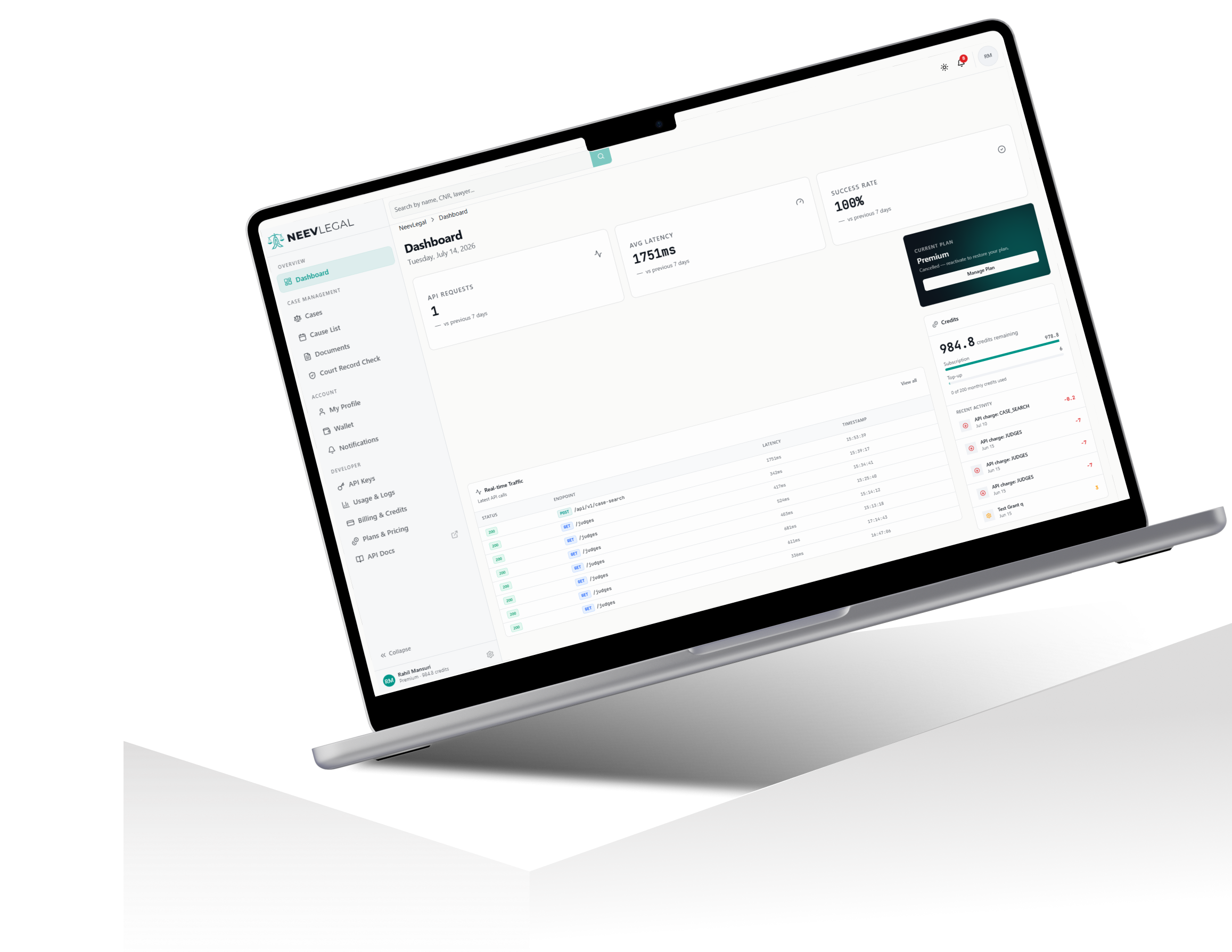 NeevLegal dashboard and mobile legal risk report — verified case results, risk score and court proceedings summary